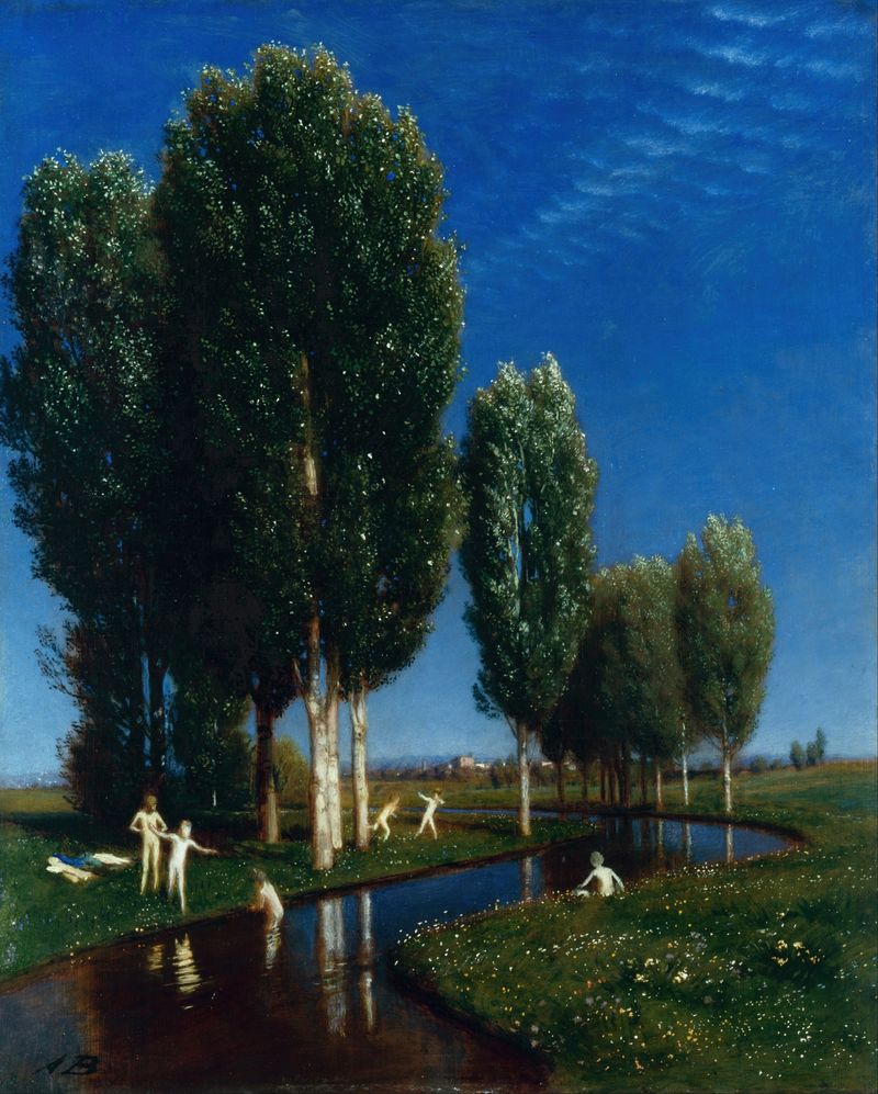 Summer Day by Arnold Böcklin, oil on canvas depicting a vibrant landscape with figures under trees.