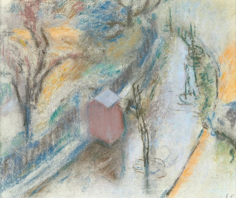 La Guérite du cantonnier, oil on canvas by Édouard Vuillard, depicting a guardhouse in golden light.