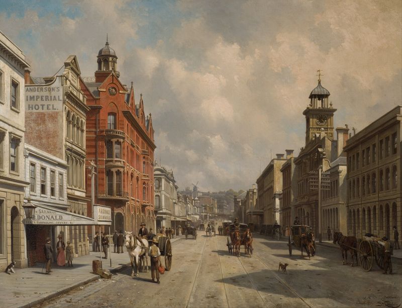 Queen Street, Auckland by Jacques François Carabain, oil on canvas showing Victorian architecture at dusk.