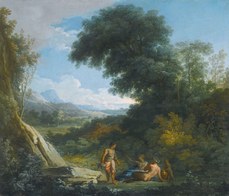 Rococo oil painting by Andrea Locatelli depicting a faun and nymph in a lush landscape