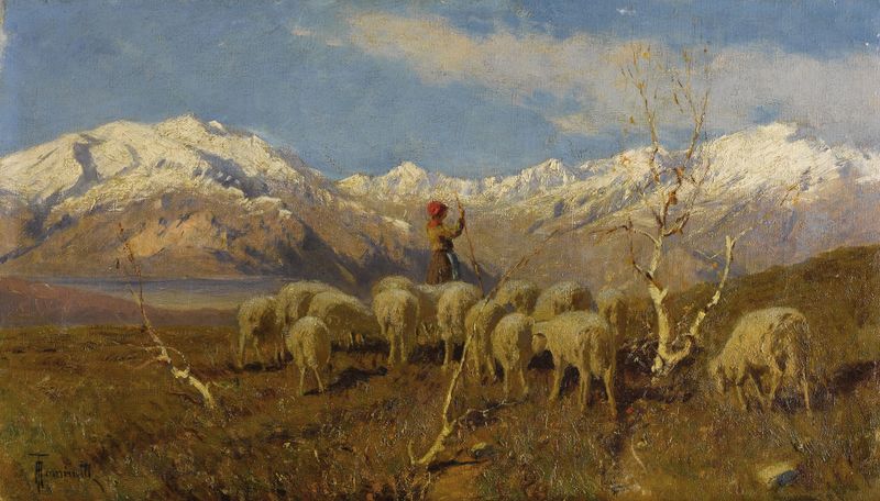 Um pastor com um rebanho pastando nos Alpes, pintura a óleo de Achille Tominetti