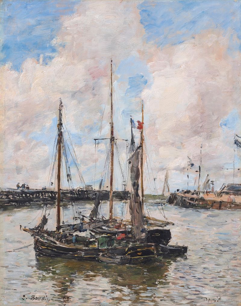 L’entrée du port de Trouville de Eugène Boudin, pintura al óleo que muestra barcos y olas.