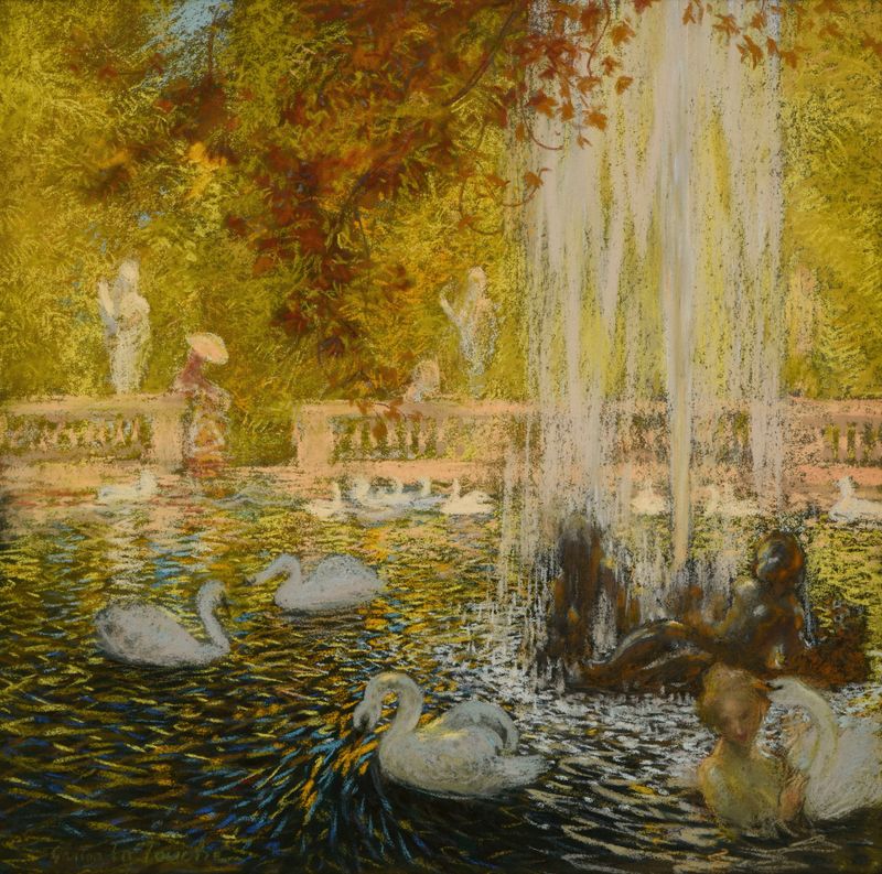Oil on canvas by Gaston La Touche depicting a waterfall in a lush forest