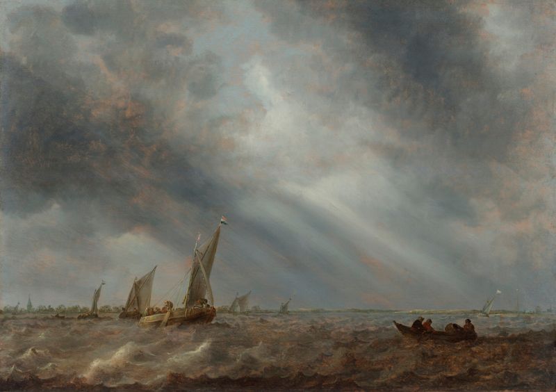 Various sailing vessels and a rowing boat with fishermen on choppy waters, oil painting by Abraham van Beyeren