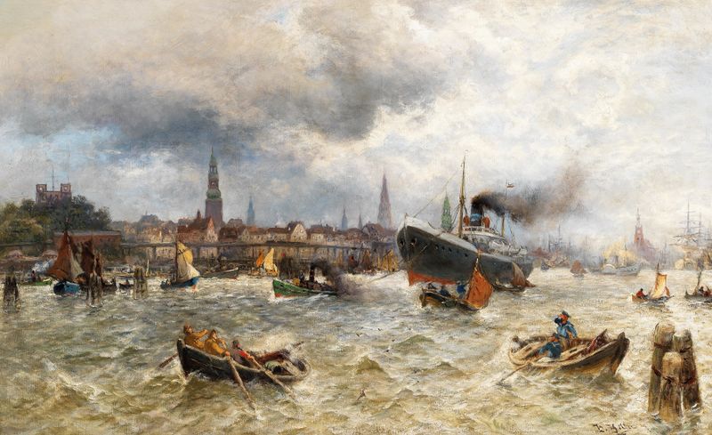 Marine landscape of The Harbour in Hamburg by Heinrich Hiller, oil on canvas