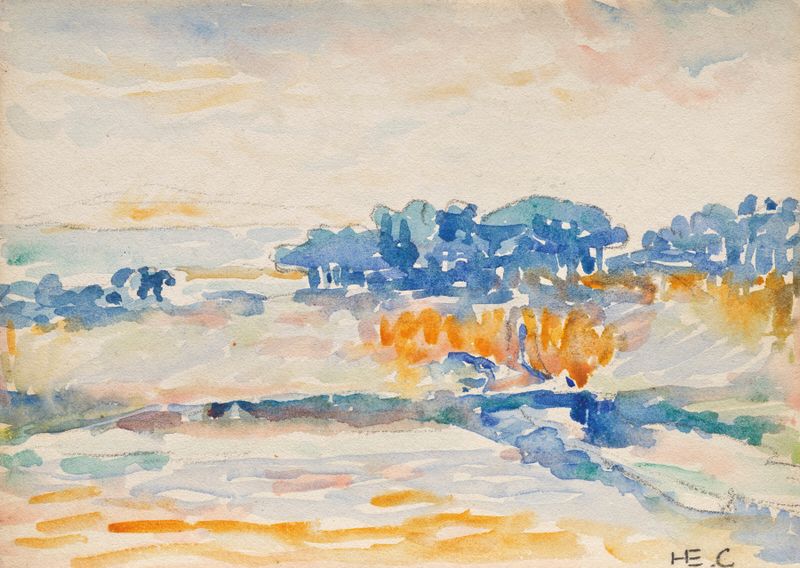 Óleo sobre tela de Henri-Edmond Cross representando uma paisagem serena com árvores e céu azul