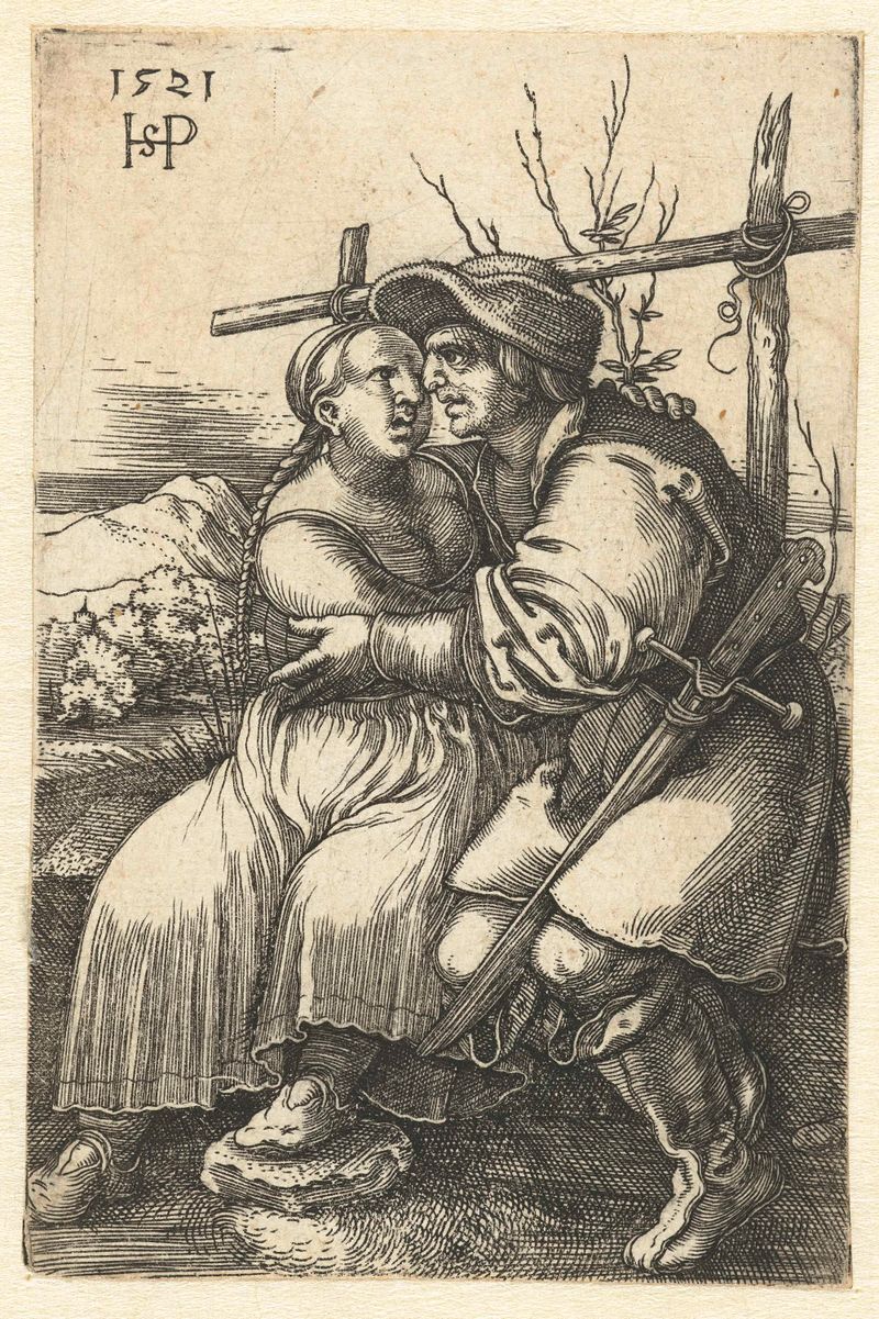 Gravura de Hans Sebald Beham mostrando um casal se abraçando em tons terrosos