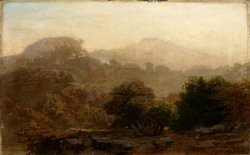 Rocca Di Papa de Karl Lindemann-Frommel, óleo sobre tela que retrata uma vila ao crepúsculo