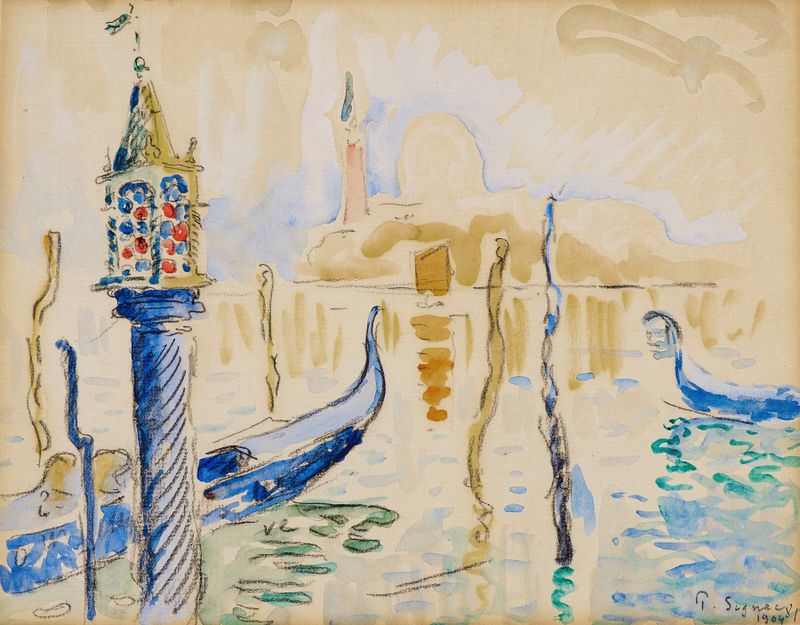 Canal at sunset with reflections, oil painting by Paul Signac