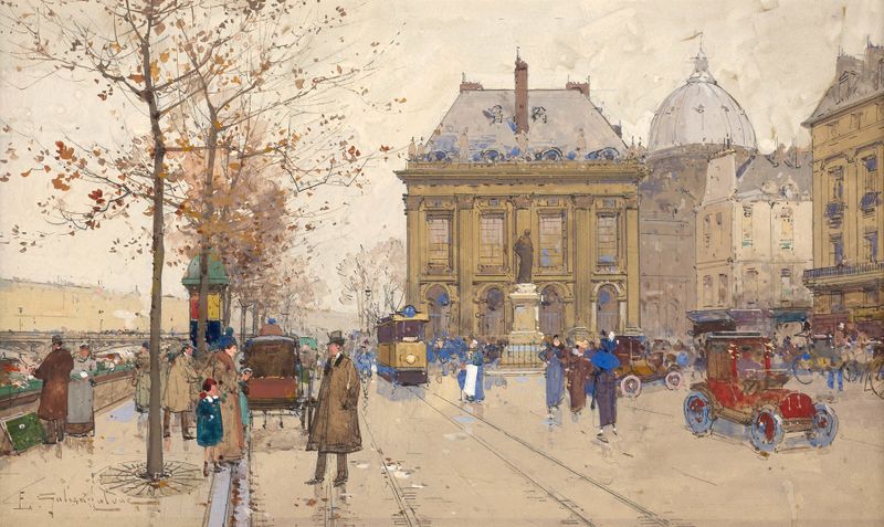 Pintura a óleo de Eugène Galien-Laloue retratando uma cena de rio em Paris