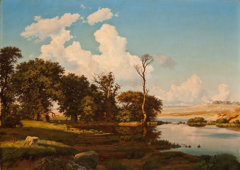 Oak Trees By A Pool, oil on canvas by Heinrich Buntzen, depicting a tranquil pool surrounded by oak trees.