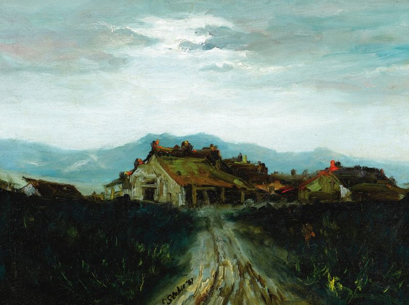 Casa na Paisagem de Charles Stewart Stobie, pintura a óleo que retrata uma casa cercada por árvores e luz dourada.