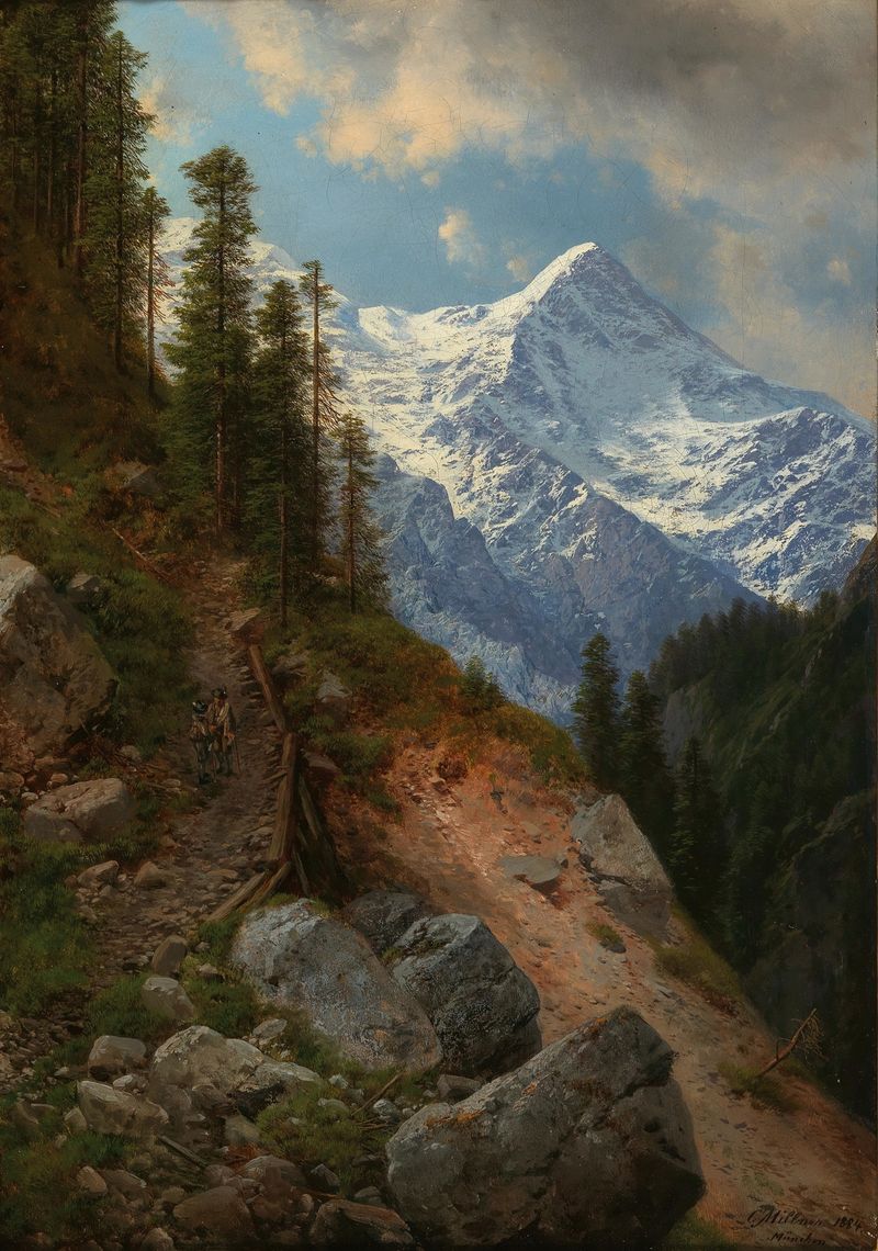 Alpinists meeting in the French Alps, oil on canvas by Carl Millner
