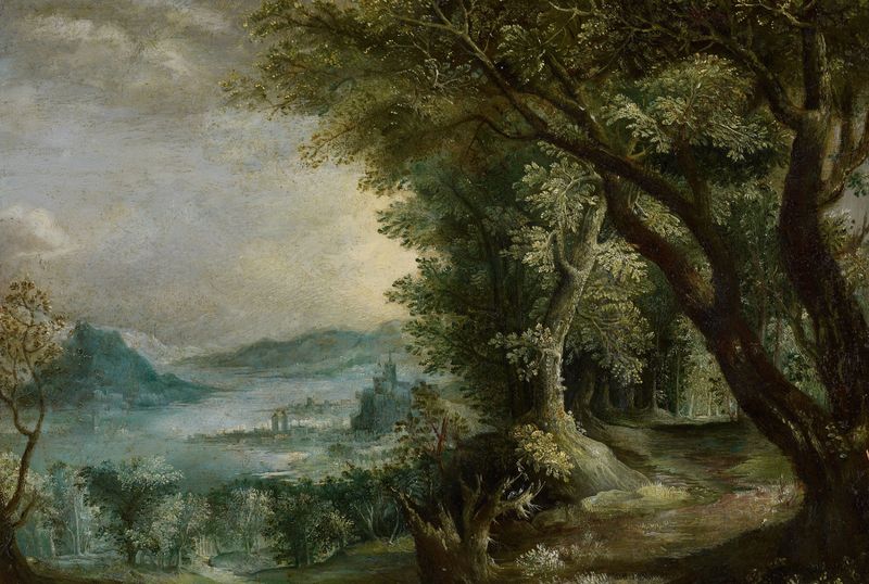 Imaginary Landscape by Follower of Jan Brueghel the Elder, oil painting depicting hills and sky.