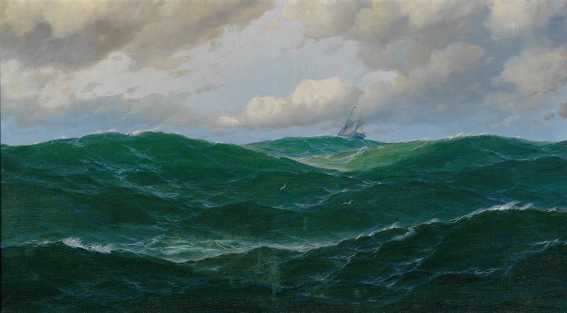 Ship on Rough Seas by Max Jensen, oil painting depicting a ship battling stormy waters