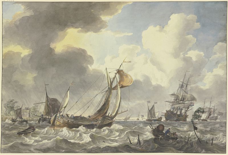 Oil painting by Hendrik Kobell depicting a marine scene with ships and a fishing boat.