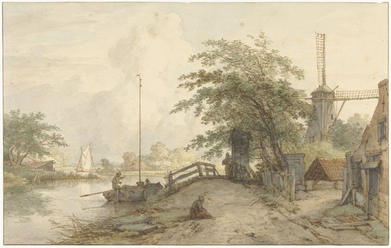 Landschap met bruggetje en huis aan weg langs een water, oil on canvas by Jan Hulswit