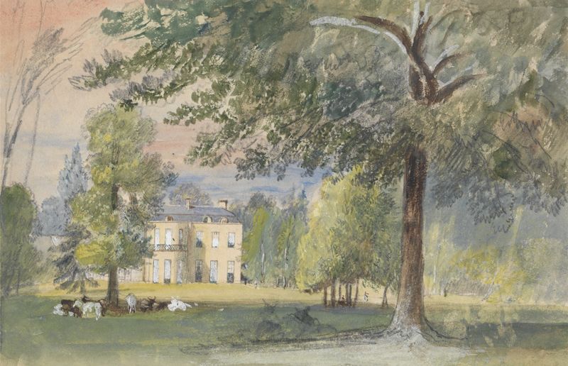 Uma casa georgiana em aquarela de John Gendall, mostrando arquitetura e natureza.
