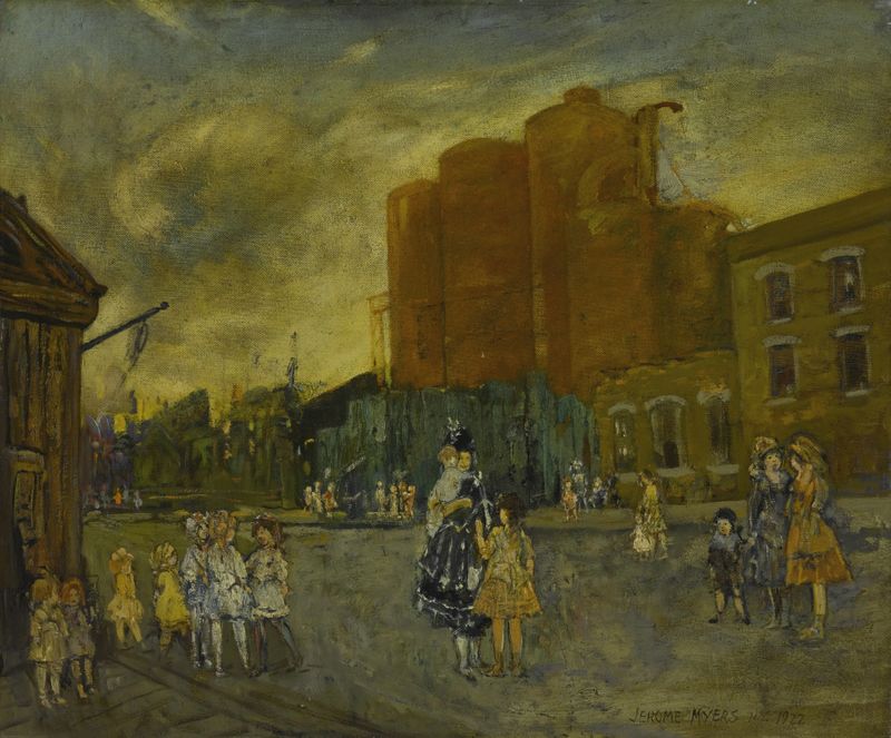 Escena figurativa de una figura solitaria al atardecer en The End of the Street de Jerome Myers, óleo