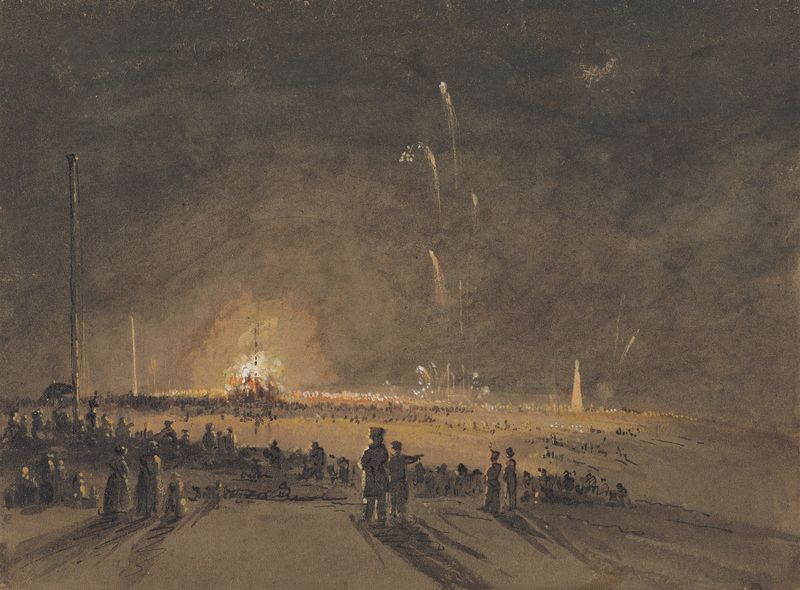 A Fireworks Display by John Wilson Carmichael, vibrant colors, night sky, oil painting