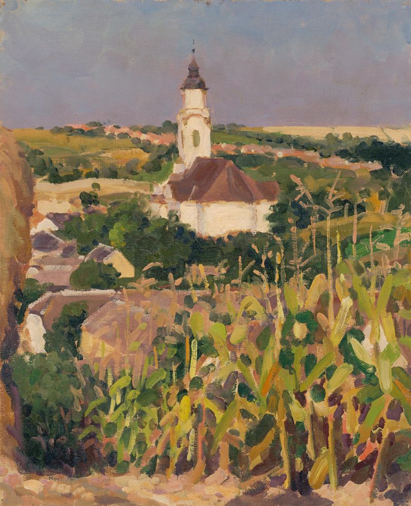 Eastern Slovakia Village by Jozef Teodor Mousson, realism, depicting cottages and rolling hills