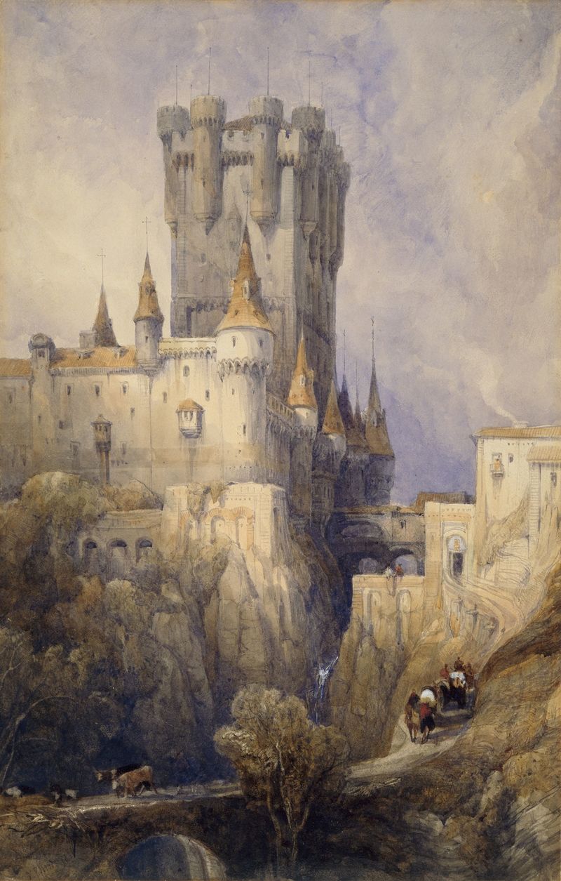 Alcázar, Segovia, España de David Roberts, óleo sobre lienzo que representa arquitectura antigua y luz dorada.