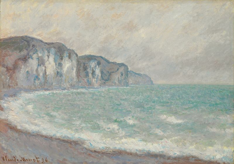 Falaise De Pourville de Claude Monet, óleo sobre tela representando falésias e oceano.