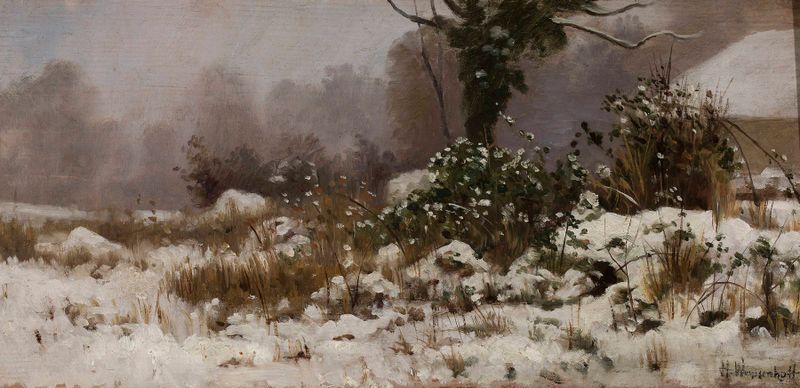 Winter landscape by Henryk Weyssenhoff, depicting snow-covered hills and a muted sky.