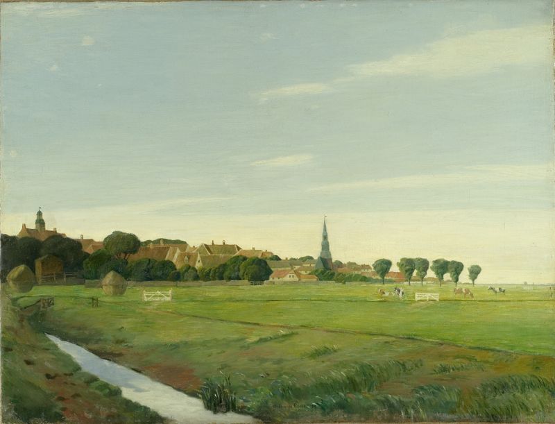 Landscape with a Town by Johan Rohde, Impressionism, depicting rolling hills and a quaint town.