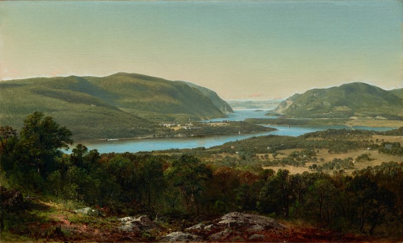 View from Garrison, West Point, New York by David Johnson, oil on canvas depicting a river and mountains.