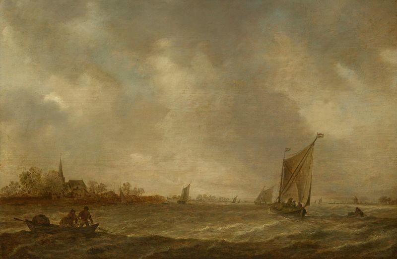 An estuary with fisherman and shipping de Jan van Goyen, pintura a óleo