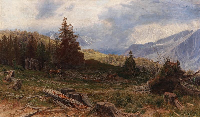Oil painting by Heinrich Tomec depicting a stag in a tranquil forest landscape.
