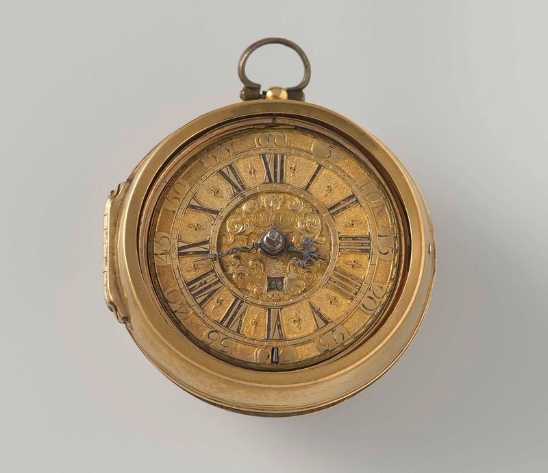 Grabado de William Gib que representa un reloj de bolsillo detallado con caja dorada