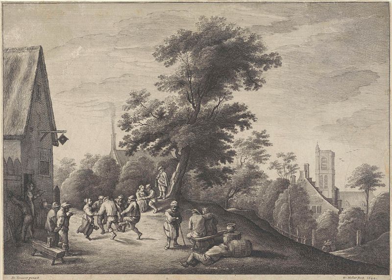 Gravura de Wenceslaus Hollar mostrando figuras dançando em uma taverna