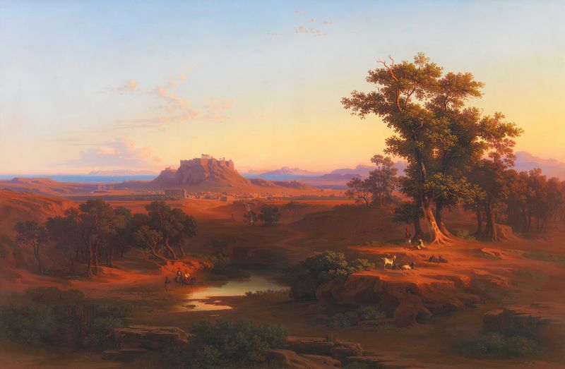 Shepherds in a bucolic Athenian landscape with the Acropolis and Piraeus beyond, oil painting by András Markó