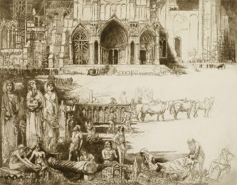 The Builders of Chartres Cathedral by Donald Shaw MacLaughlan, 1926, depicting builders shaping stone.