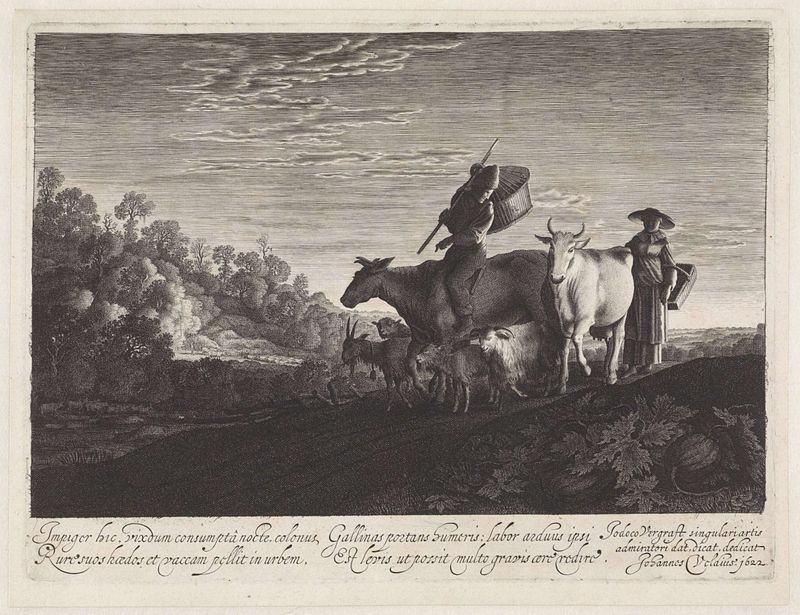 Engraving by Jan van de Velde (II) depicting herders with cattle at twilight.