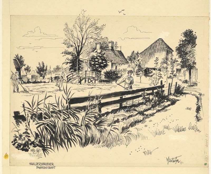 Paisaje óleo de Maarten Oortwijn con campos y un cielo sombrío