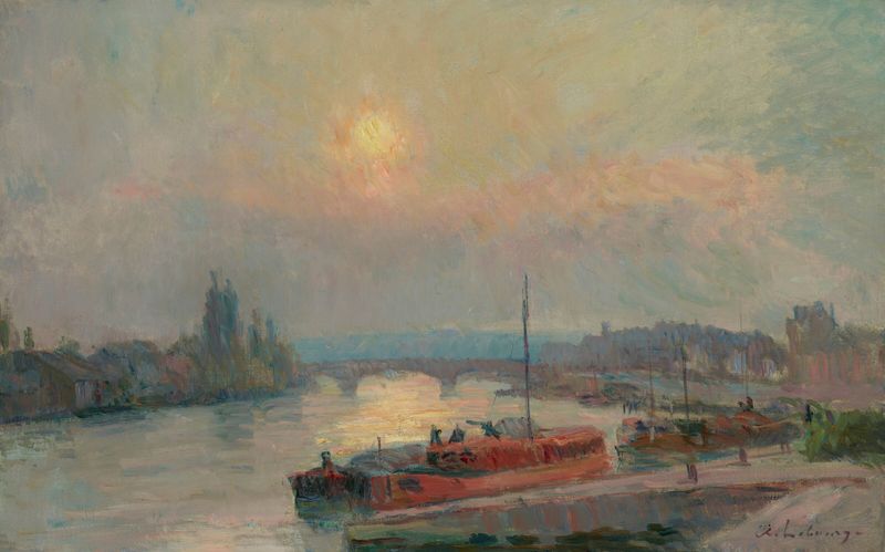 La Seine à Rouen, Soleil couchant de Albert Lebourg, pintura al óleo que representa un atardecer sobre el río.