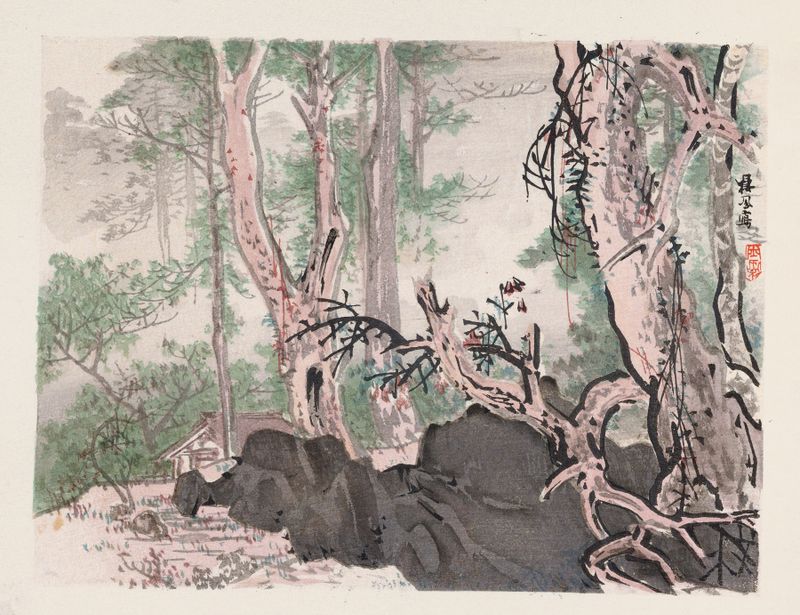 grabado en madera a color de Unknown Artist que muestra un paisaje tranquilo con cerezos y río