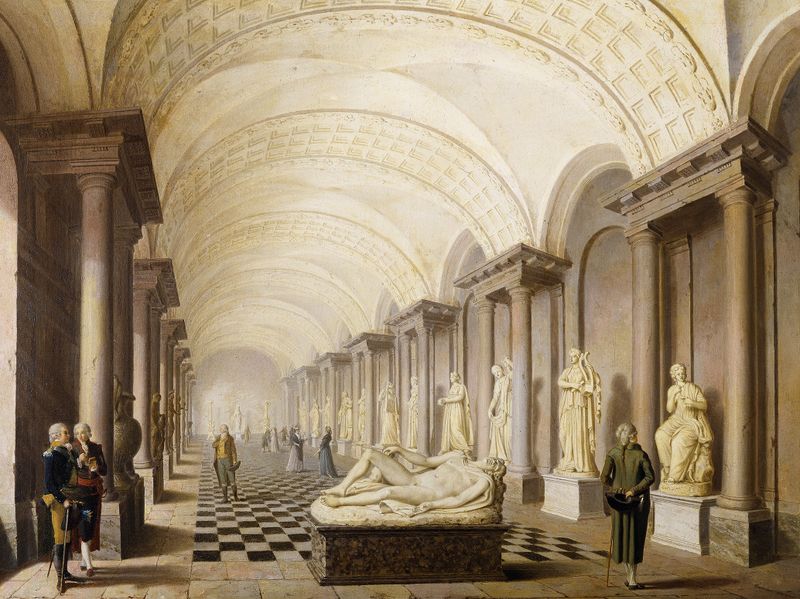 Neoclassical oil painting by Pehr Hilleström depicting muses in a museum interior