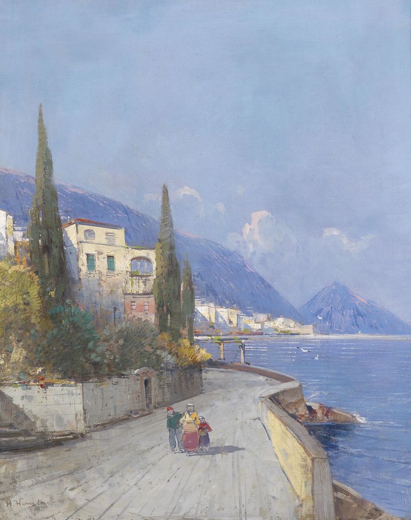 Paisagem com colinas e um céu ao entardecer, pintura a óleo de Georg Fischhof