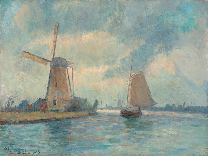 Moulin à Delft de Albert Lebourg, óleo que muestra un molino junto a un río bajo un cielo cerúleo.