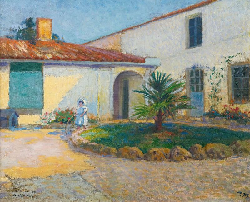 Figurative oil painting by Paul Madeline depicting a figure in a garden.