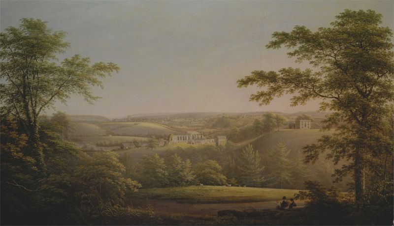 Paisagem representando Easby Hall e Easby Abbey por George Cuitt the Elder, pintura a óleo