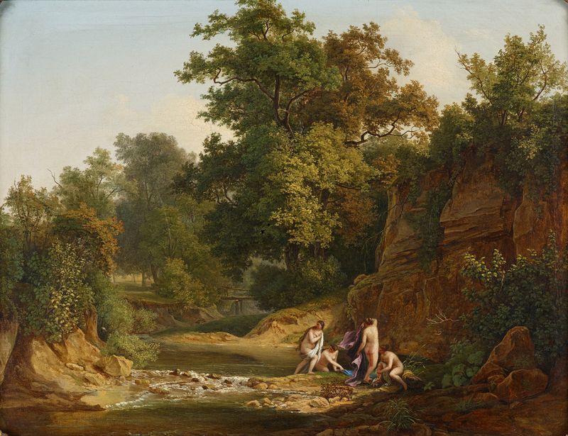 Landschaft mit Badenden by Josef Feid, oil painting depicting bathers by a lake under golden light.