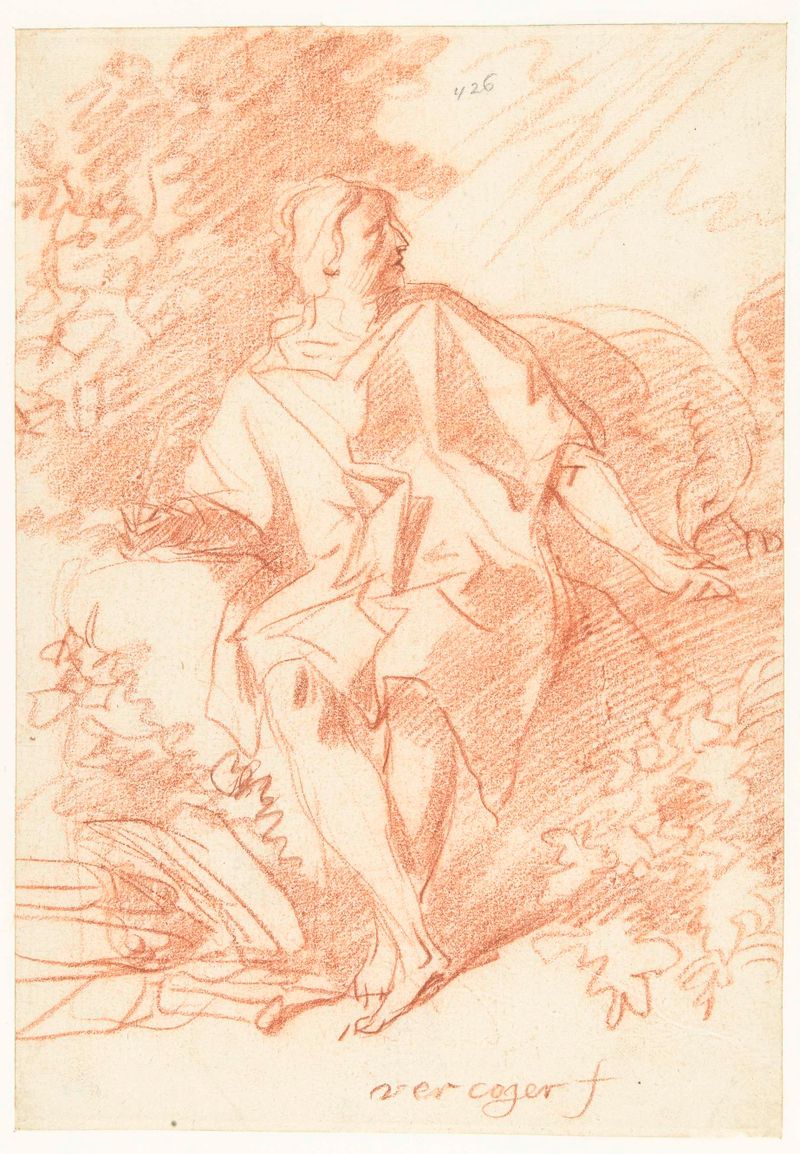 Figurative drawing of a man writing at a table by Leendert van der Cooghen, paper