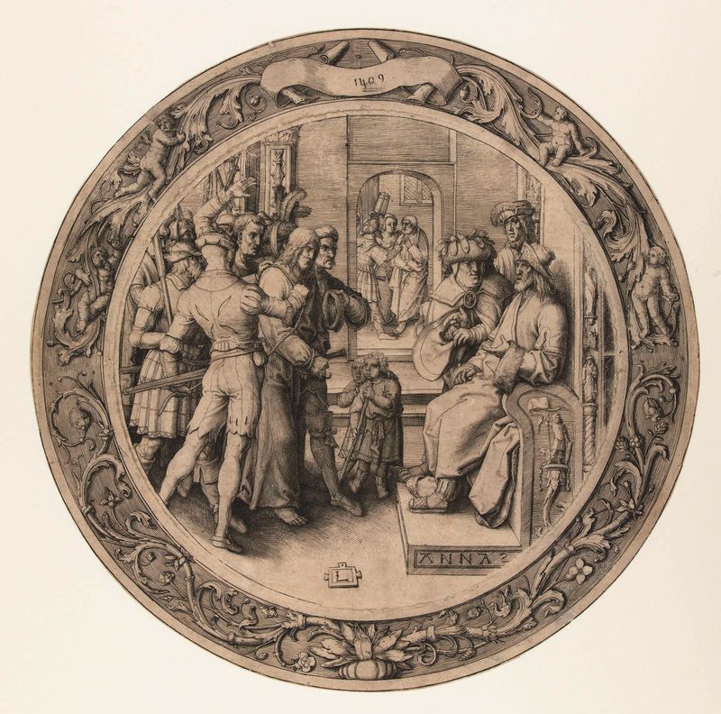 Grabado de Lucas van Leyden que representa a Cristo atado y sereno.
