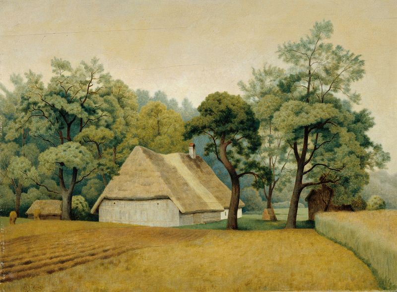 Bauernhaus de Albert Stangl, realismo, representa una casa de campo en un paisaje exuberante