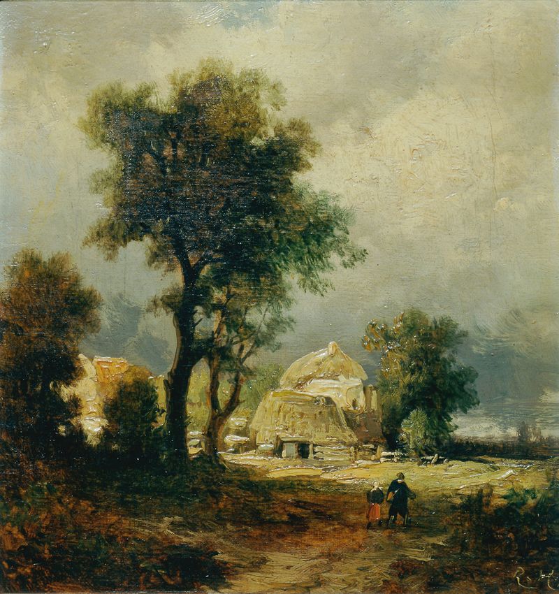 Ungarisches Dorf de Remigius Adrianus van Haanen, pintura al óleo que representa un paisaje de pueblo sereno.